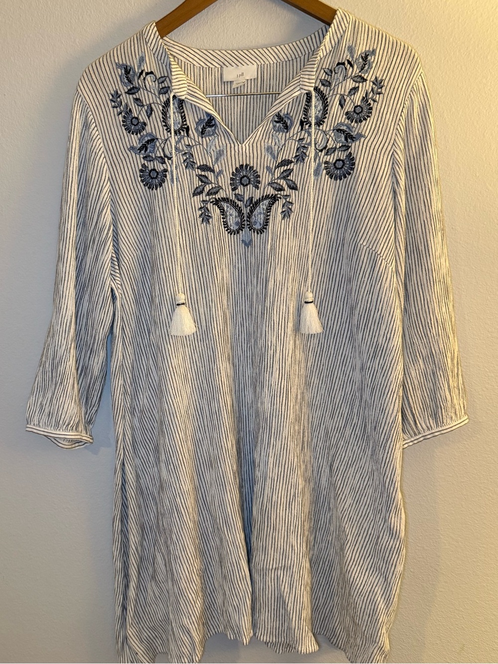 J. Jill Cream and Navy Striped Top with Embroidered Neckline